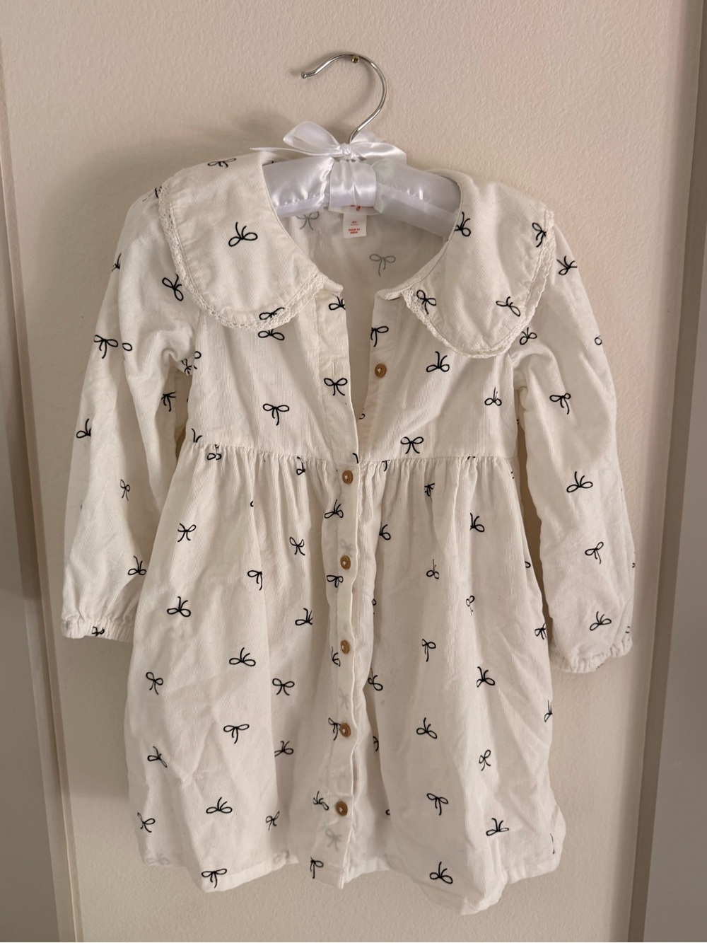 Girls' 4t White Bow-Print Cotton Long Sleeve Dress with Buttons and Pockets